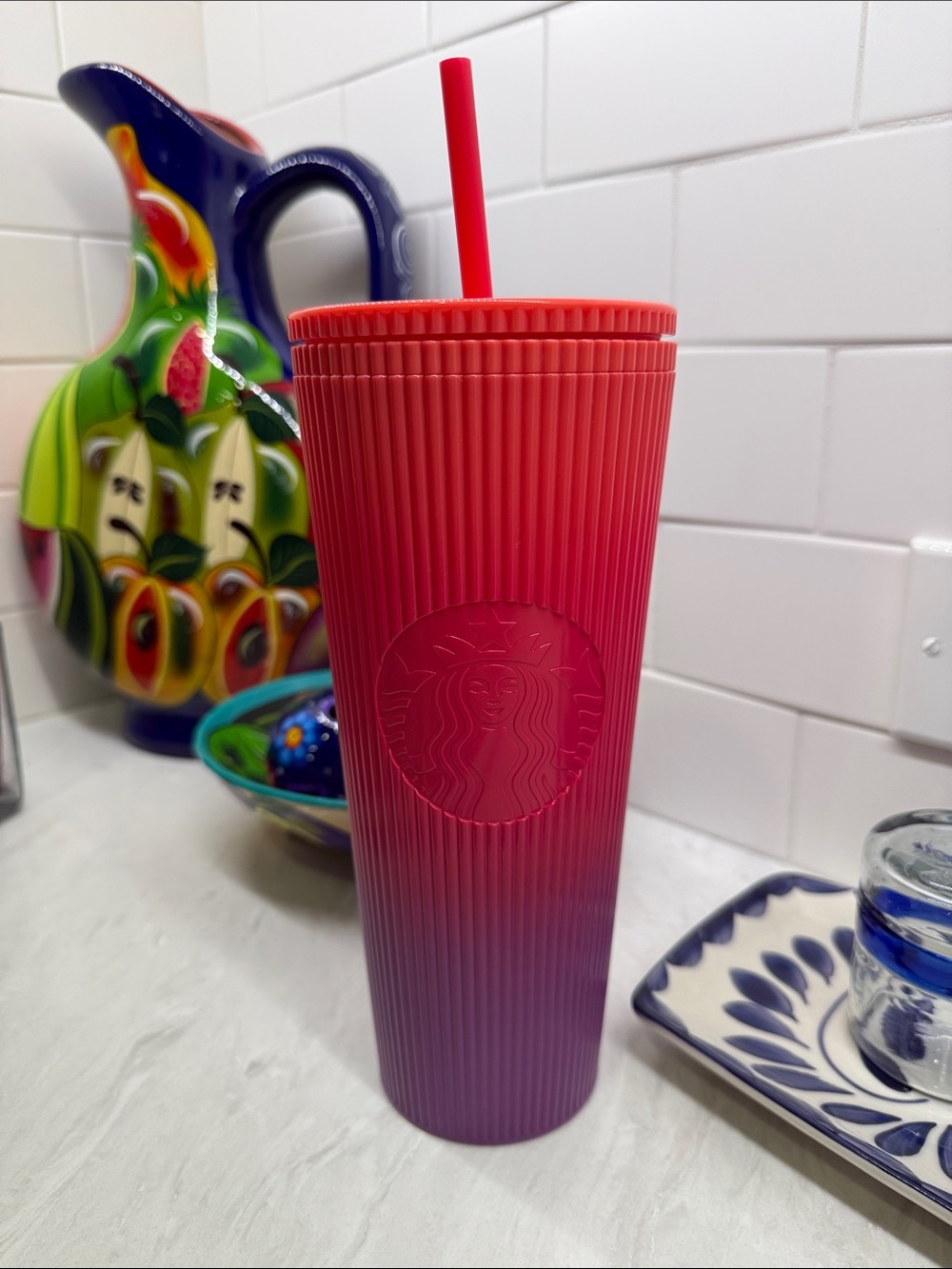 NWOT ~ Starbucks Ombre Red to Purple Ribbed Reusable Tumbler with Straw